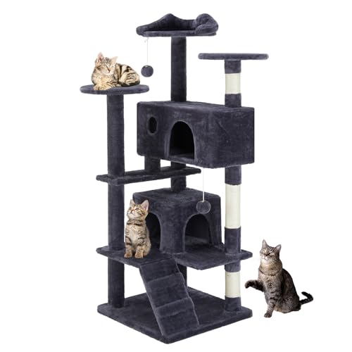 54 Inch Cat Tree Tower with Sisal Scratching Posts (Gray / 54"×19.7"×19.7")