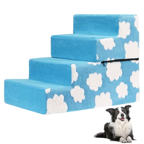 Pet Stairs for Small Dog Stairs for Sofa and Bed High Density Foam Stairs Pet Ladder with Removable Washable Cover Non (4 Steps Blue)