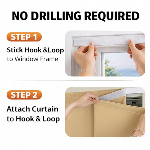 Magic Tape Stick on Curtains Blackout Curtains for Bedroom no Drillng Self Adhesive Curtain no Rod Small Window (Beige / 59"W x 98"L (Pack of 2))