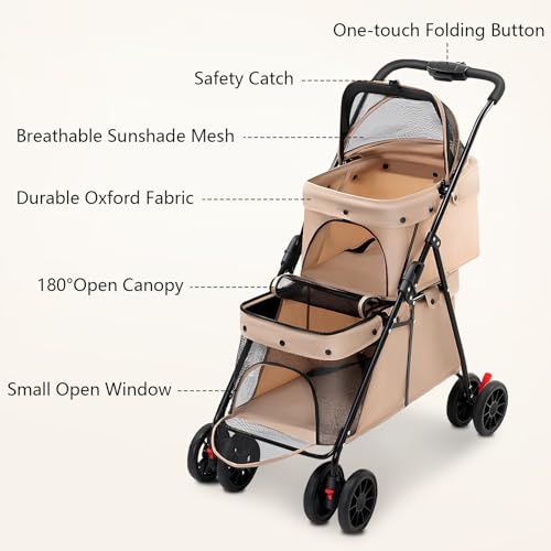 Double Pet Stroller for Medium Small Dogs and Cats Easy (Brown)