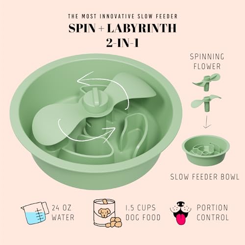 Slow Feeder Dog Bowls for Medium Breed (Petal Feeder Green / 1.5 Cup - Fit 6.4-6.7'' Feeder Holes)