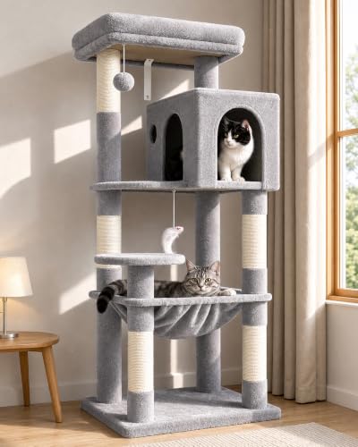 Cat Tree Tower with Scratching Post for Indoor Cats (Light Grey / L)