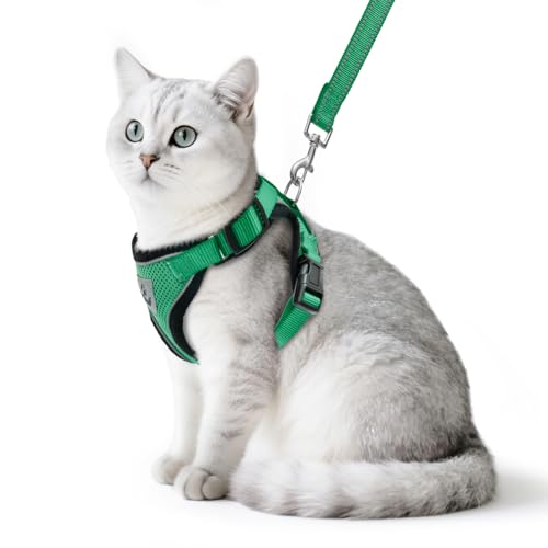Cat Harness and Leash Set Escape Proof Reflective Cat Walking Harness Adjustable Soft Breathable Mesh Vest for Small Pets (M (NECK 11"-13.7", CHEST 16"-20") / Dark Green)