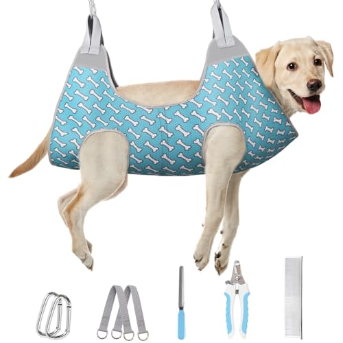 Dog Grooming Hammock for Nail Trimming (2XL（ Max 130 Lb：Leg space: 16.0"-28.0"） / Coral Blue)