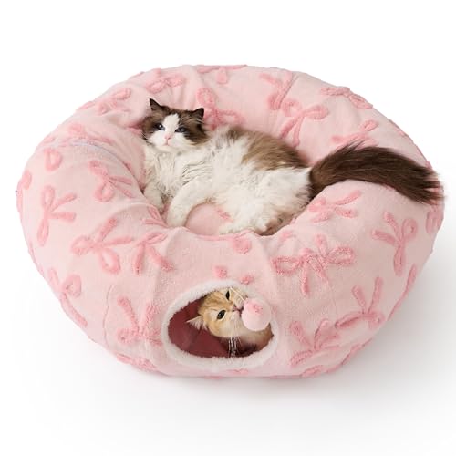 Lesure Donut Cute Jacquard Cat Tunnel Bed Kitten Toys for Puppy Bunny (Standard (33.5"L x 33.5"W x 10"H) / Bow Pink Taffy)