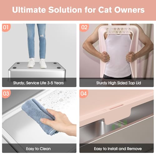 2PACK Stainless Steel Cat Litter Box with High Sides Lid (2PK-Light Pink)