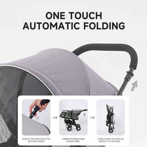 Foldable Jogger Pet Stroller with Weather Cover Storage Basket Pet Travel Carrier for S (Grey)