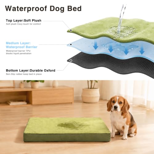 Waterproof Large Dog Bed for Crate with Washable Cover (35.0"L x 22.0"W x 3.0"Th / Green)