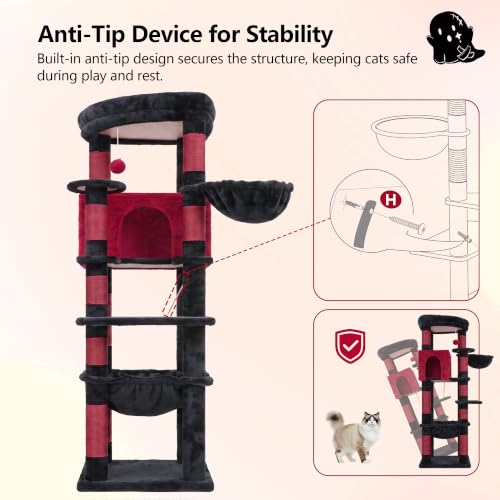 53.1" Corner Cat Tree for Large Cats (53 inch / Black and Red)
