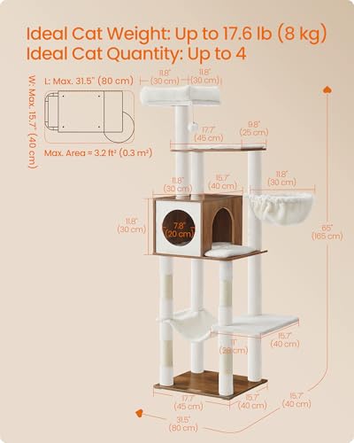 Cat Tree, 65-Inch Tall Cat Tower, Multi-Level Condo with Cave (Honey Brown)