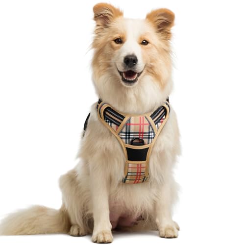 Dog Harness No Pull Medium Sized with 2 Leash Clips (Medium / Beige Plaid)