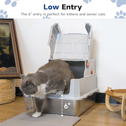 TENTIZON Stainless Steel Cat Litter Box with Lid (Light Grey)