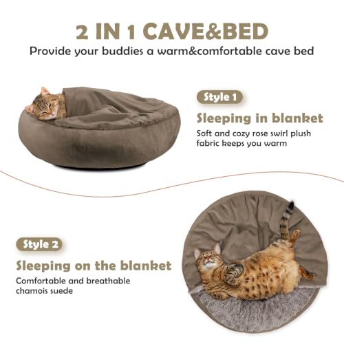 Small Dog Bed Cat Bed with Hooded Blanket (M(26" x 26" x 8") / Dark Brown)