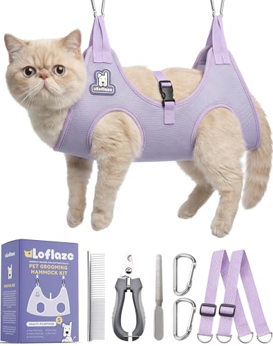 Dog Grooming Hammock Harness for Dogs & Cats with Pet Nail Clipper Trimmer (S ( Legs Distance : 5-12 " / Max W：30lb ) / Purple)