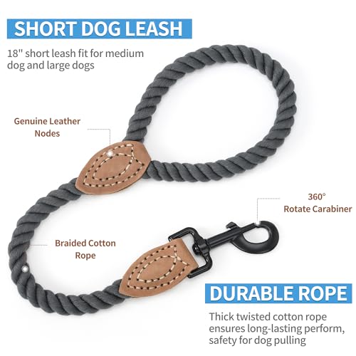 Dog Leash Braided Cotton Rope with Leather (Dark Grey / 18 Inch-1/2")