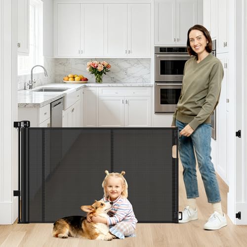 2 Pack Reinforced 55" Wide Retractable Baby Gates with Reinforced Strips (Black / 2 Pack - 33" Tall x 55" Wide (With Reinforced Bar))