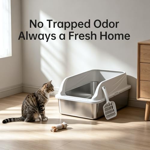 High Sided Stainless Steel XL Cat Litter Box for Cats (Grey L)