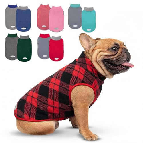 2 Pack Fleece Dog Sweater Pullover Lightweight Reflective Jacket (Medium / Red & Buffalo Plaid)