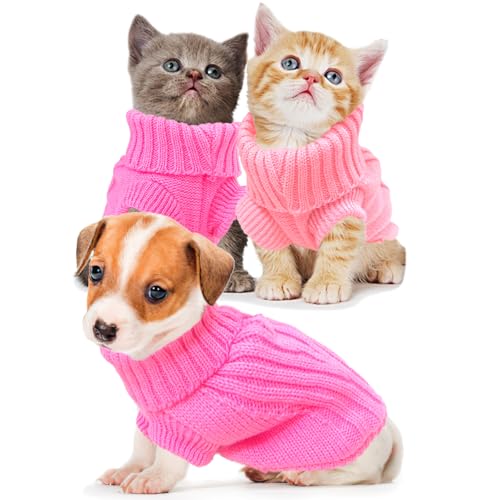 2 Pack XS Dog Sweaters for Small Dogs Girl Knitted Turtleneck Puppy Sweater Warm Fall Winter Female Dog Clothes Pullover Cat Sweater Xs (X-Small / Pink+Light Pink)