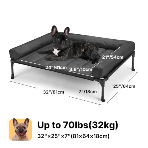 Outdoor Elevated Dog Bed with Waterproof Bolster Cushion (Black / 32.0"L x 25.0"W x 7.0"Th)
