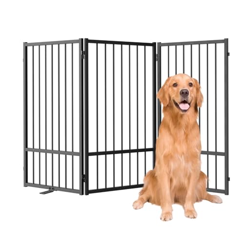 Full Metal Freestanding Dog Gate with Door (【3 Panels】60"W*36H" / Black)