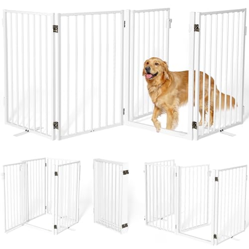 Metal Freestanding Dog Gates with Door for Outdoor Indoor (White / 【4 Panels with Door】 32''H*80''W)