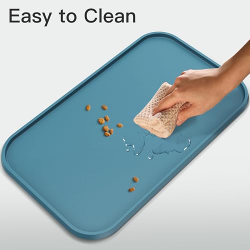 Pet Feeding Mat [Warped Resistant Raised Edge] (23.5"L x 13.5"W / Blue)