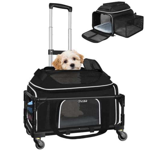 Top & Side Expandable Small Pet Carrier with Wheels Airline Approved (Black with wheels / 18.0"L x 11.0"W x 11.0"H)