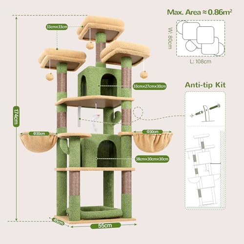 Big XL Cactus Cat Tower for Indoor Multiple Cats (Cactus / 68 inch)