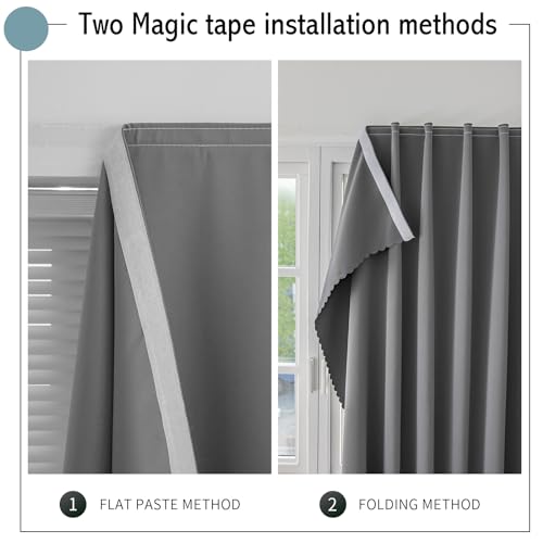 Magic Tape Stick on Curtains Blackout Curtains for Bedroom no Drillng Self Adhesive Curtain no Rod Small Window (Grey / 59"W x 79"L (Pack of 2))