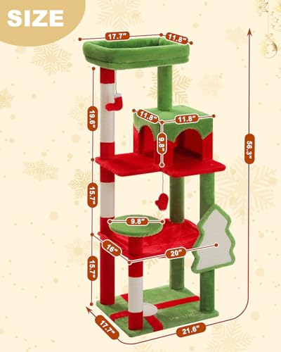 56.3" Cat Christmas Tree with Metal Hammock (Red / 56.3in)