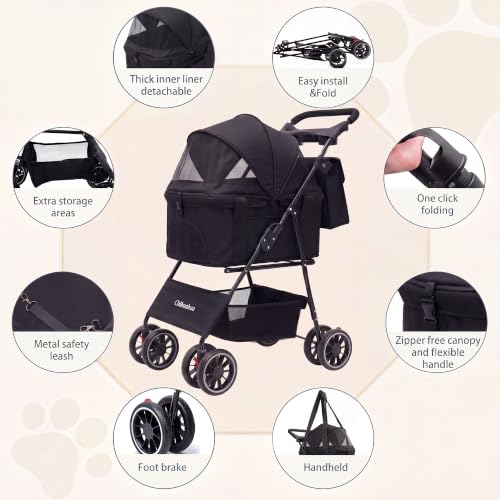 2-in-1 Foldable Pet Stroller 4-Wheel for Small Dogs & Cats, Black (Black)