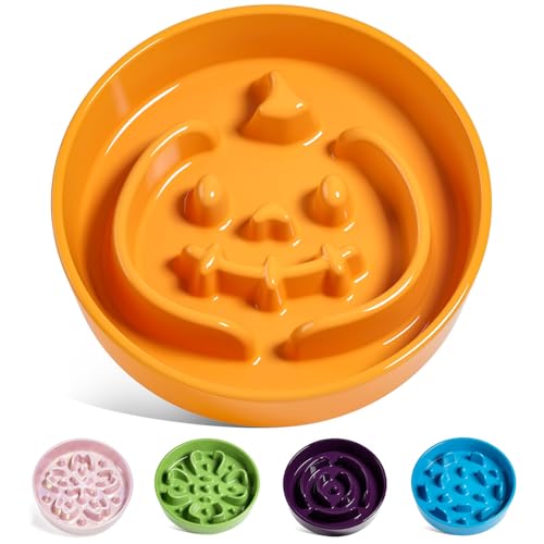 Ceramic Slow Feeder Dog Bowl for Small Medium Dogs & Puppy (Pumpkin Orange / M-1.5 Cups)