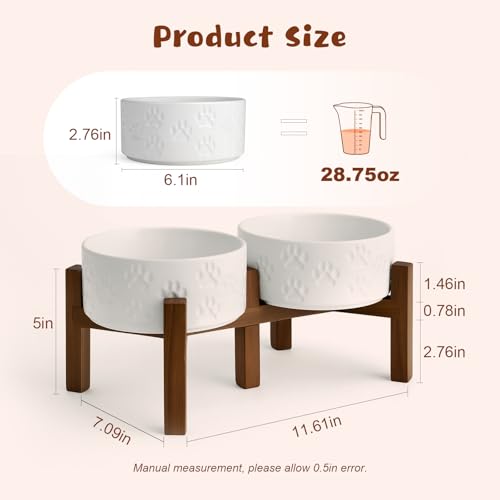 Ceramic Elevated Dog Bowl Set with Acacia Wood Stand for Food and Water for Small Medium Sized Dogs (28.74 Oz / Dog Paw White)