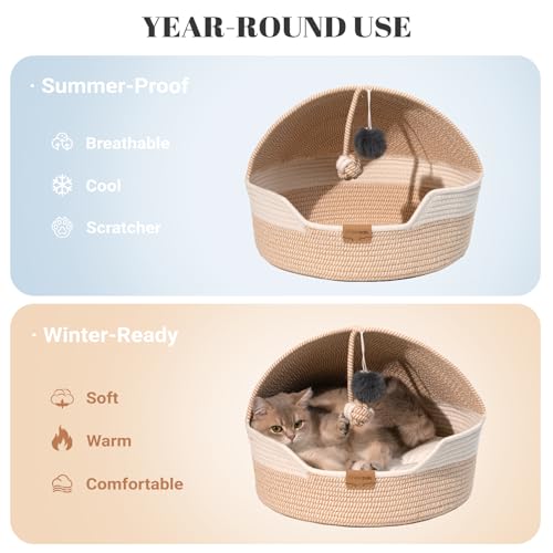 Cat Basket Bed with Washable Cushion and Ball Rope Cotton (White)