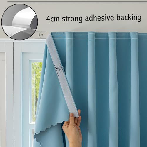 Magic Tape Stick on Curtains Blackout Curtains for Bedroom no Drillng Self Adhesive Curtain no Rod Small Window (Sky Blue / 59"W x 98"L (Pack of 2))