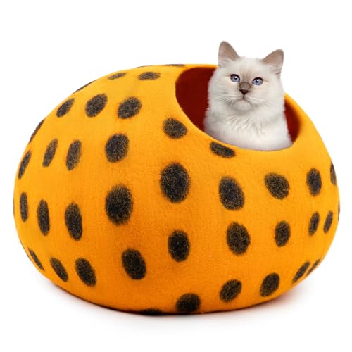 Premium Felt Cat Cave Bed (Orange Polka)