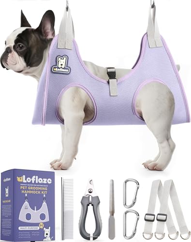 Dog Grooming Hammock Harness for Dogs & Cats with Pet Nail Clipper Trimmer (M ( Legs Distance : 7-14" / Max W：45lb ) / Purple)