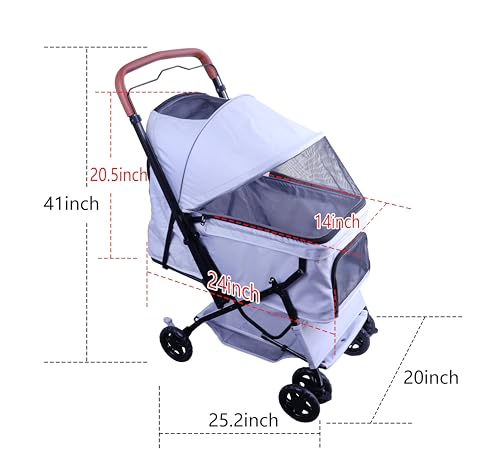 Pet Stroller 4 Wheels for Cats and Dogs (Reversible Handle / Silver)