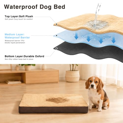 Waterproof Dog Bed for XXL Crate with Washable Cover (47.0"L x 29.0"W x 4.0"Th / Brown)