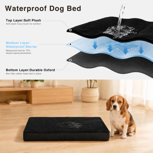 Waterproof Dog Bed for XXL Crate with Washable Cover (47.0"L x 29.0"W x 4.0"Th / Black)