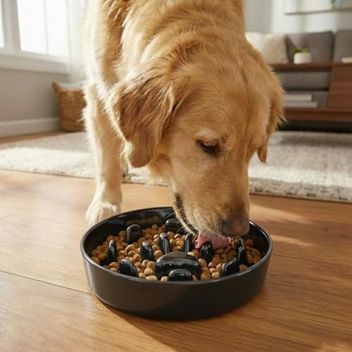 Ceramic 1.5 Cup for Small & Medium Breeds Slow Feeder Dog Bowl (Black)