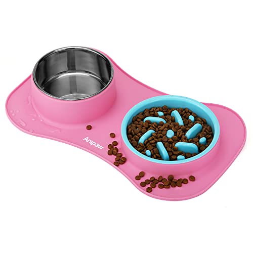Slow Feeder Dog Bowls 3 in 1 Stainless Steel Food Water Bowl to Slow Eating (Small ＆ Medium Breed / Pink)