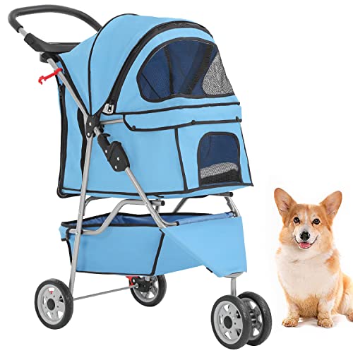3 Wheel Foldable Pet Stroller (Blue / 3 Wheels)