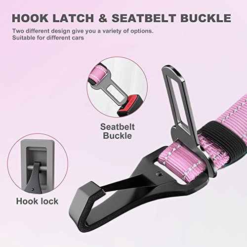 Dog Seatbelt Adjustable Reflective Bungee Harness with Aluminum Swivel Carabiner (Pink)