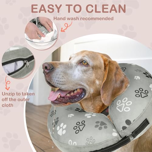 Dog Cone Alternative After Surgery Donut Collar Soft (Grey Footprints / L(Neck 16"-18"))
