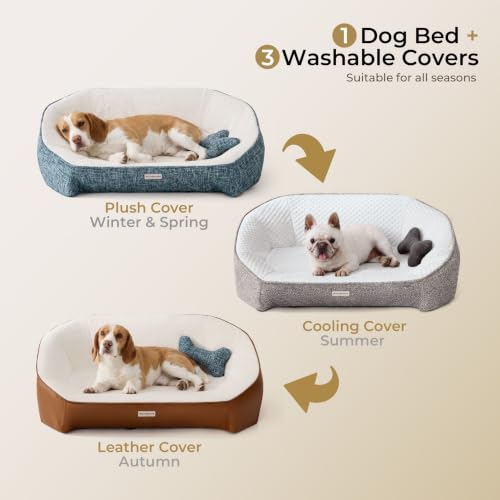 Dog Bed for Medium Sized Dog (Leather-Blue-Light Gray / 36"L x 25.5"W x 12.6"Th)
