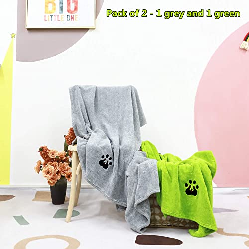 Extra Large Dog Towels for Drying Dogs 2 Pack (Green and Grey / XL-55" * 36")