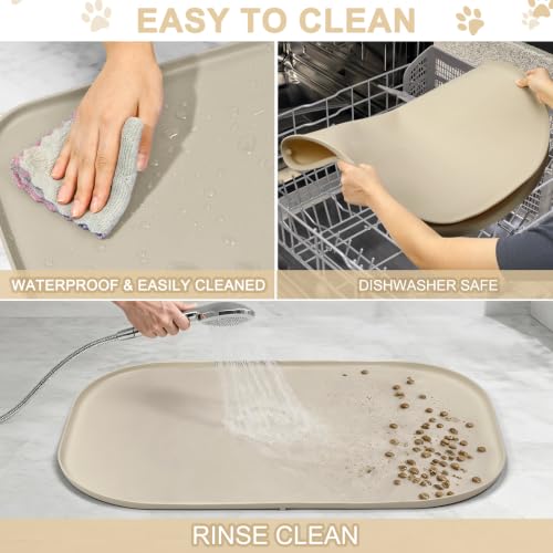 Waterproof Silicone Pet Food Mat with Raised Edge for Dog & Cat (Beige / 36"L x 24"W)