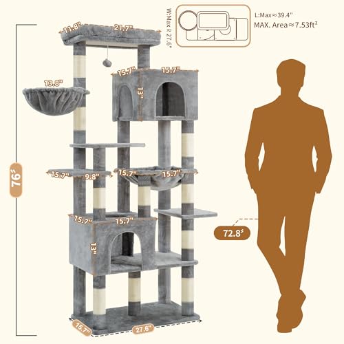 Cat Tree, 76-Inch Tall Heavy Duty Cat Tower for Big Cats HCT039W (Light Gray / 76.8 inch)